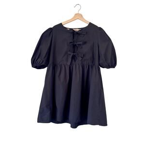 dRA Black Cotton Poplin Puff Sleeve Tie Front Mini Dress- Size Medium, Feminine